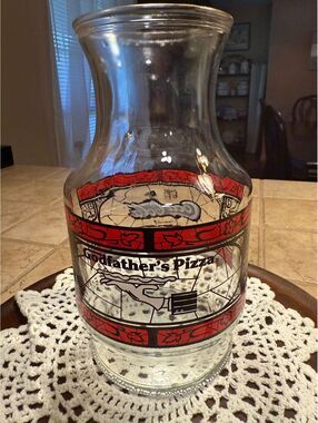 C14. Vintage 1970's Coca-Cola Godfather’s Pizza 9"  Glass Carafe Pitcher Logo